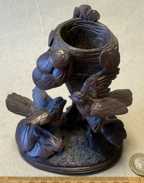 Antique Black Forest carved treen match striker- two birds and nest.