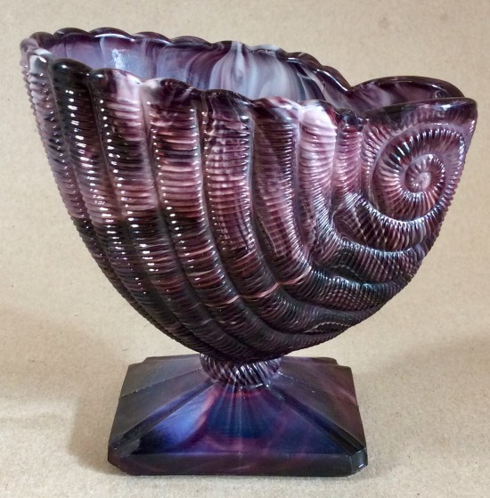 Victorian G.Davidson purple slag Glass shell vase on square base.