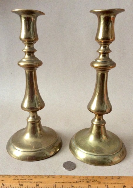 Antique Georgian round base brass candlesticks 