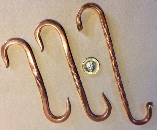 Three antique copper kitchen S hooks