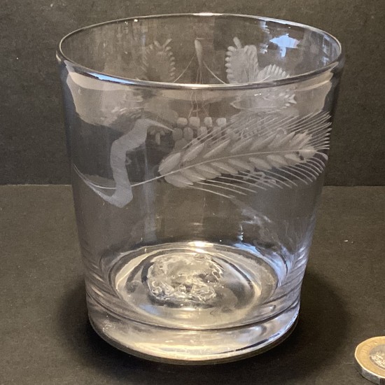 Antique Georgian clear glass tumbler engraved “hops and barley”