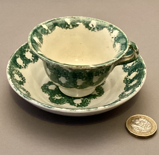 Antique rare green spongeware childs teacup and saucer