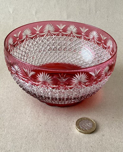Brilliant cut cased cranberry bowl. Stourbridge circa 1880