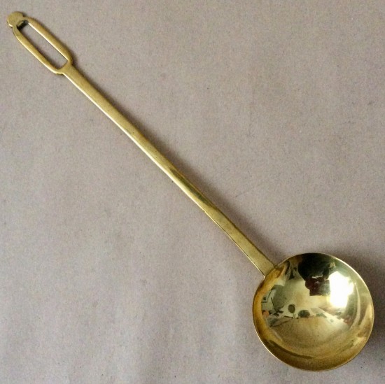 Antique brass one piece kitchen ladle 45cm long.