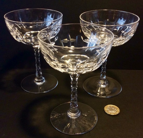 Antique Three cut glass champagne coupes c1930