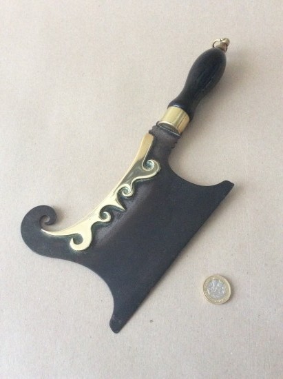 Antique Victorian cleaver style steel and brass herb chopper with ebonised wooden handle.