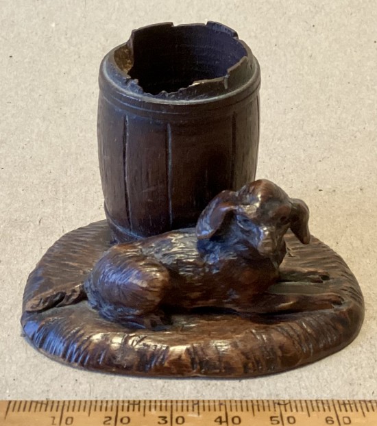 Antique Black Forest carved treen toothpick holder- barrel and lying dog.