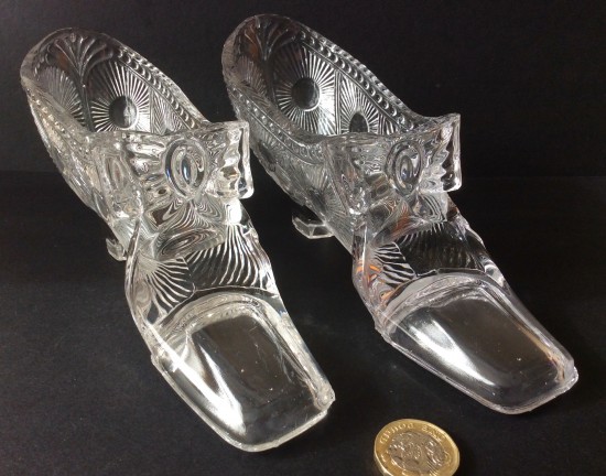 Antique Pair Victorian clear  pressed glass shoe posy vases. 8in long.
