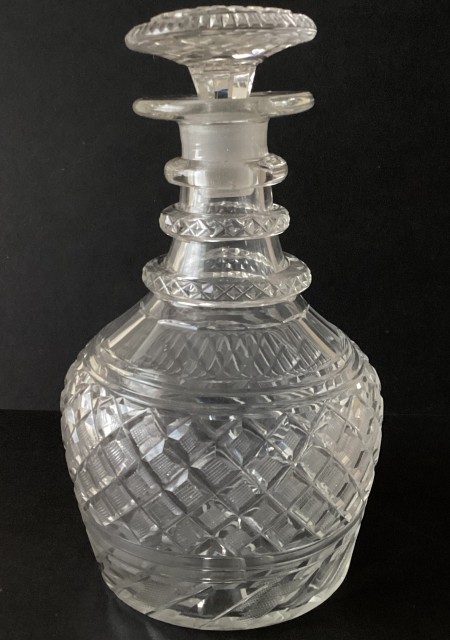 Antique cut glass Anglo Irish three ring decanter.