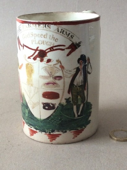 Antique late 18th century creamware Farmers Arms tankard - mug.