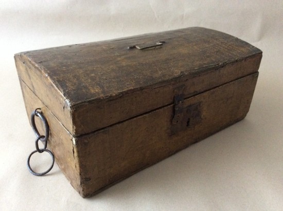 Antique Early 19th Century papered pine deed box.