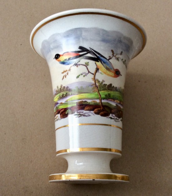 Antique Derby style pottery spill vase, hand painted with birds in landscape.