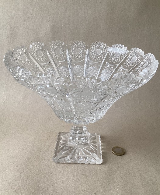 Vintage cut glass pedestal bowl on a square base