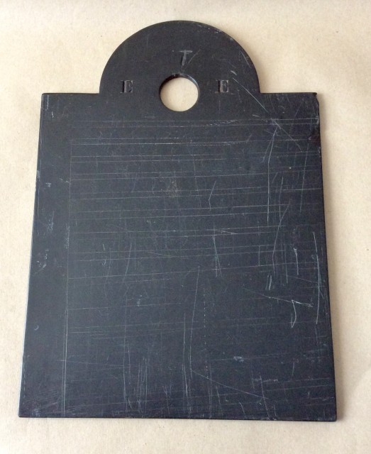 Antique 19th century Welsh school writing slate, the arched rectangle with owners initials.