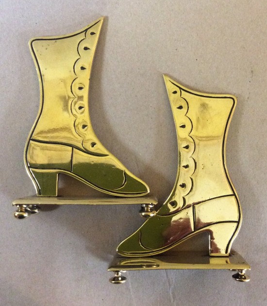Pr  Victorian brass boot mantle ornaments