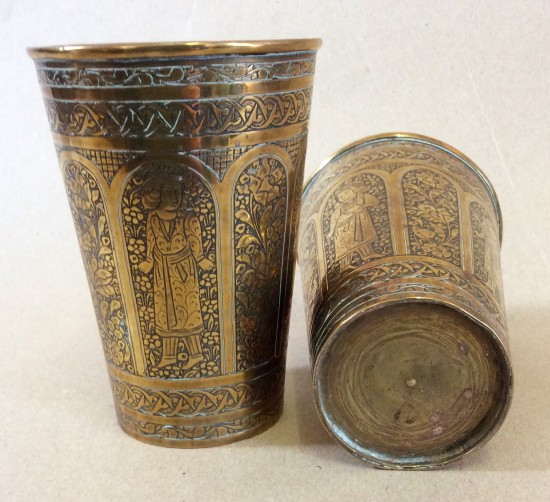 Pair Indian brass engraved lassi beakers