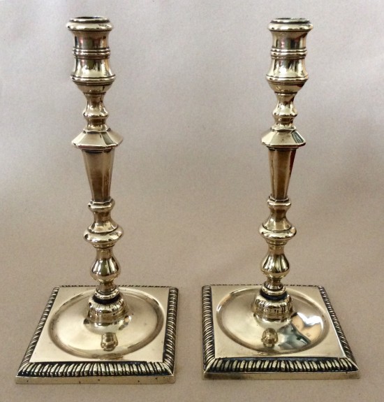 Pair 10,1/4inch brass c/sticks in mid 18th century style. C1880.