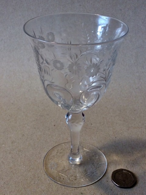 1950s rock crystal style engraved wine glass. Poss. Thomas Webb & Sons