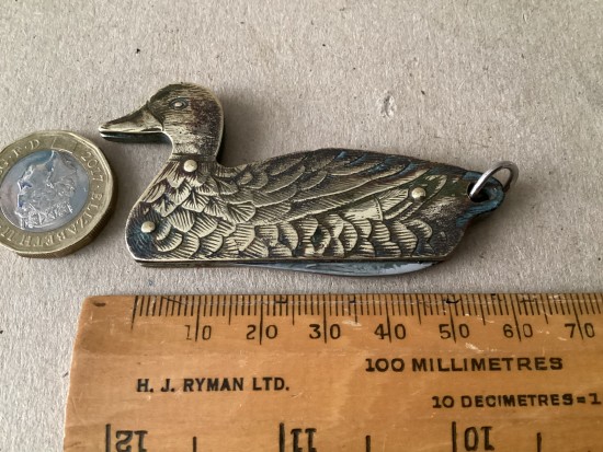 Vintage brass and steel duck  key ring penknife c 1960 made in Taiwan