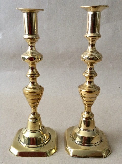 Inverted Beehive Antique Brass Candleholders: 1837-1901 