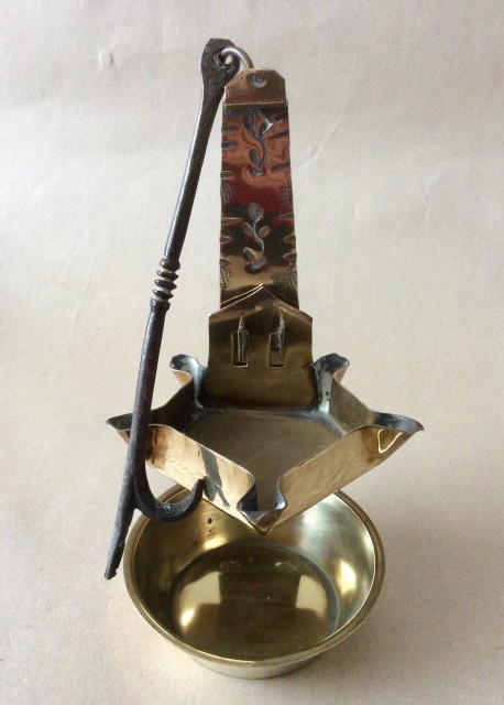 Antique sheet brass adjustable Crusie oil  lamp with five wick holders.