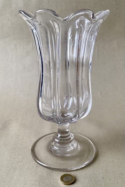 Antique Victorian clear hand blown ribbed glass celery vase. Pontil plain foot.