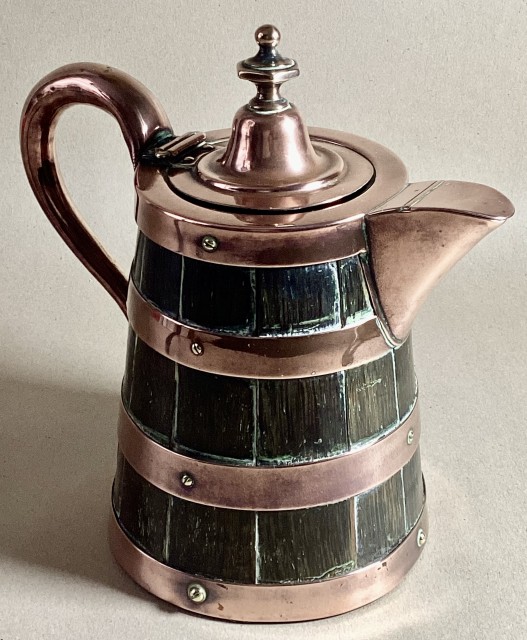 Antique small oak pitcher /jug with copper straps and spout /lid. 