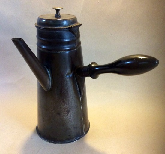19C toleware coffee pot with hinged lid and wooden side handle