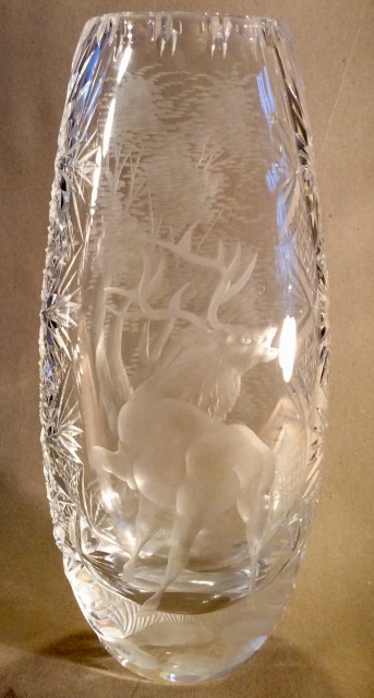 20C glass vase engraved with a stag and bohemian style tree.