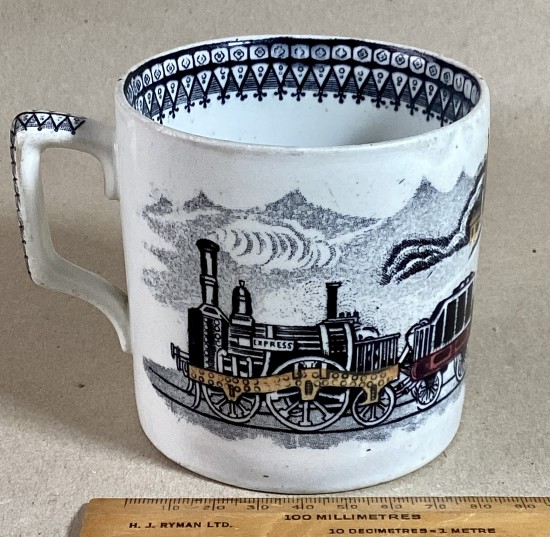 Antique Staffs pottery commemorative train mug c1860 pos. Liverpool and Manchester Railway.