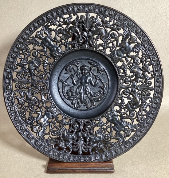 Antique German “Musterschutz ironworks” cast iron decorative pierced dish c1900.