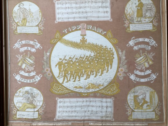 Antique framed WW1 linen HANKERCHIEF 26.5in x 22.25in. Music & lyrics to ‘It’s a long way to Tipperary’