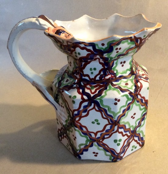 Fenton shape dragon handle Gaudy Welsh jug with unusual cross cross decoration C1830.