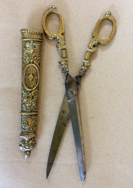 Victorian steel scissors with brass handles and Shea th