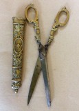Pair Victorian scissors in brass sheath