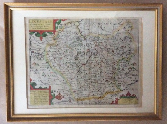 Antique hand coloured map of Leicestershire c1637