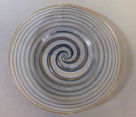 Venetin glass plate with spirals of blue/ white/ aventurine  glass.