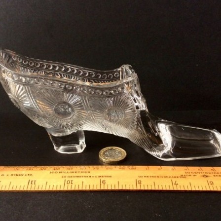 Detail: Antique Pair Victorian clear  pressed glass shoe posy vases. 8in long.