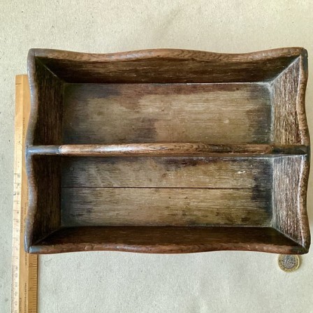 Detail: Antique Victorian shaped two section dovetailed oak  cutlery tray