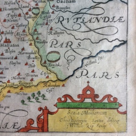 Detail: Antique hand coloured map of Leicestershire c1637