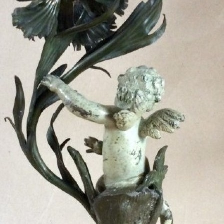 Detail: Spelter and copper Art Nouveau cherub electric table lamp on good marble socle base.