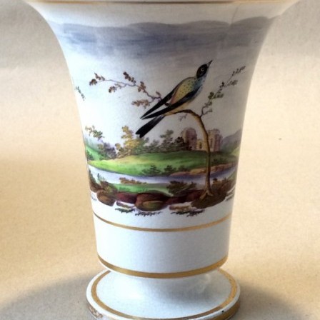 Detail: Antique Derby style pottery spill vase, hand painted with birds in landscape.