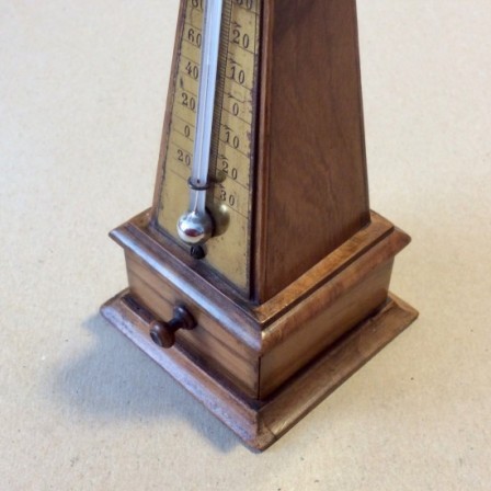 Detail: Antique Treen Obelisk desk thermometer with stamp drawer c1910