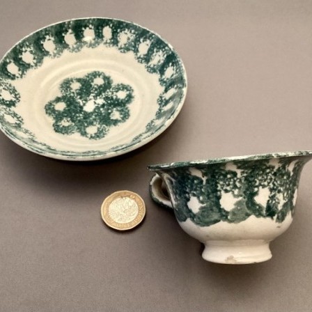 Detail: Antique rare green spongeware childs teacup and saucer