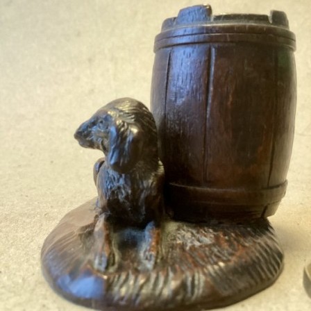 Detail: Antique Black Forest carved treen toothpick holder- barrel and lying dog.