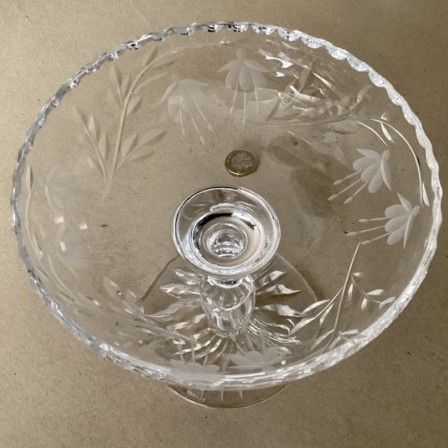 Detail: Modern Stuart Crystal cut glass tazza.   ‘ Cascade’  Fuchsia pattern.