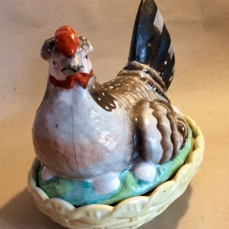 Detail: Victorian Staffs pottery Hen on nest egg crock.