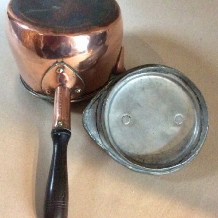 Detail: Victorian copper sauce or milk pan and lid