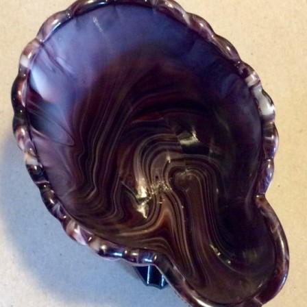 Detail: Victorian G.Davidson purple slag Glass shell vase on square base.