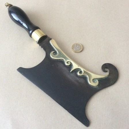 Detail: Antique Victorian cleaver style steel and brass herb chopper with ebonised wooden handle.